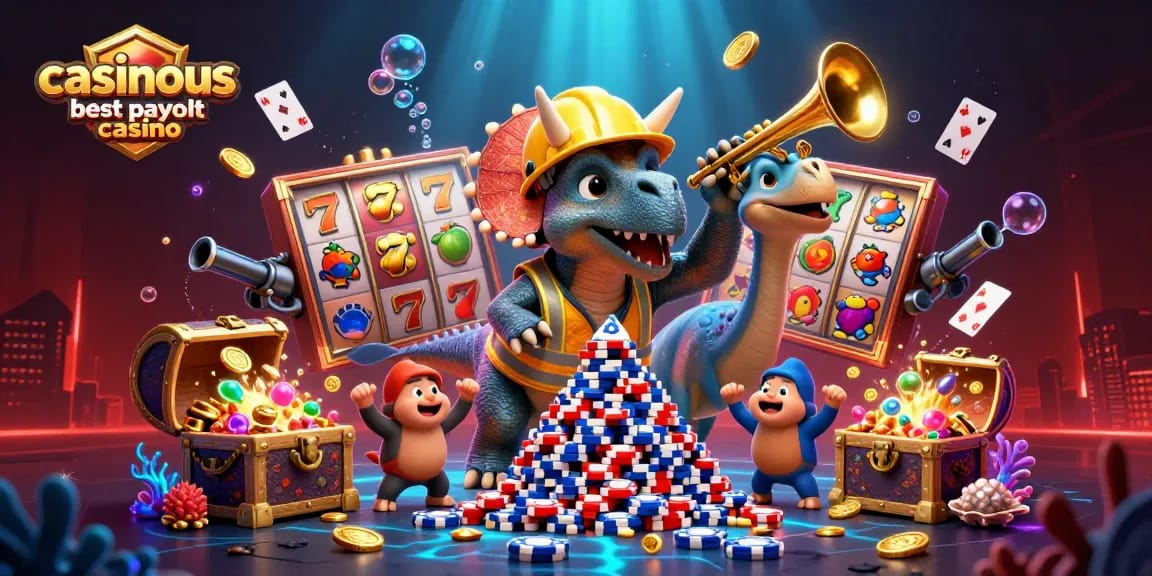 Cheerful scene of a 3D cartoon triceratops and friends celebrating at the casinous best payout casino.