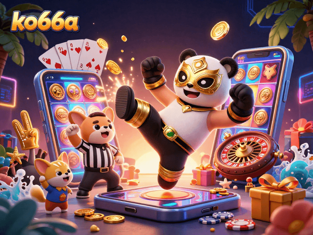 ko66a gaming enthusiasts celebrate with a referee, panda wrestler, and vibrant casino elements