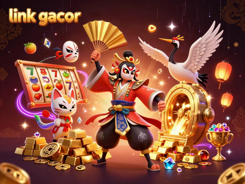 Immerse in link gacor excitement with a vibrant slot scene featuring kabuki warriors and treasure.