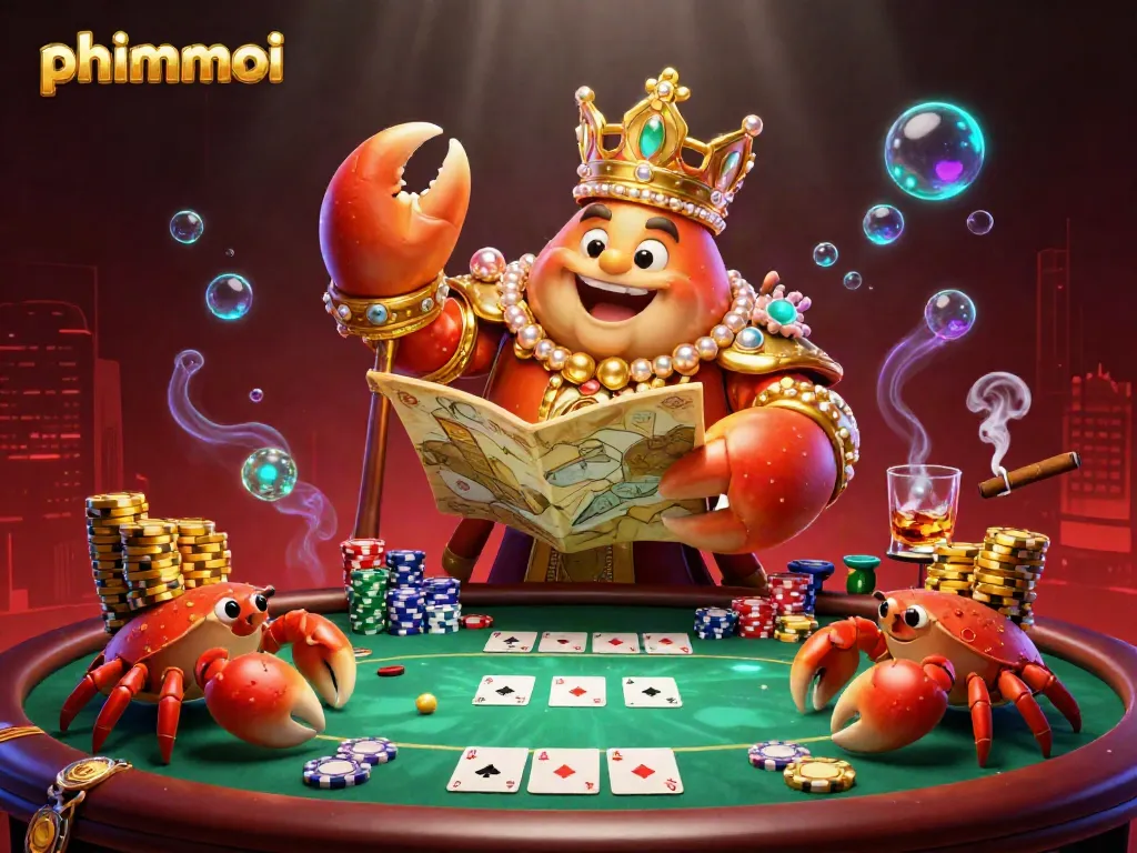 Play the phimmoi gambling adventure with a golden crab emperor in a vibrant casino scene.