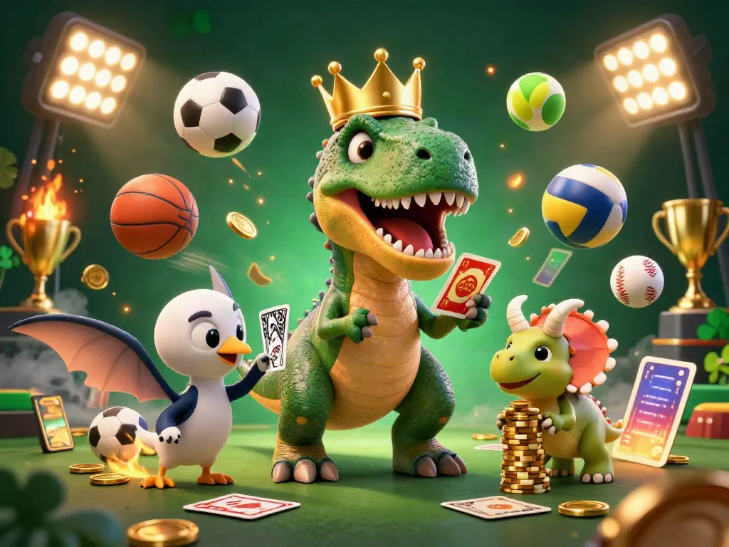 Experience the thrill as you tải sun win with our colorful 3D casino scene featuring playful dinosaur characters and sports elements.
