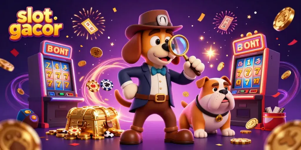 Experience the thrill with slot gacor and jackpot excitement in a vibrant 3D scene featuring a detective and his bulldog companion.