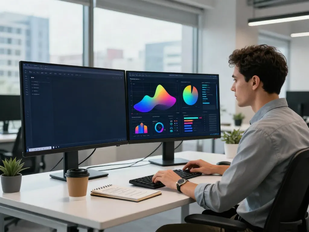 Professional analyst reviewing best AI visibility tools on dual monitors in a modern workspace