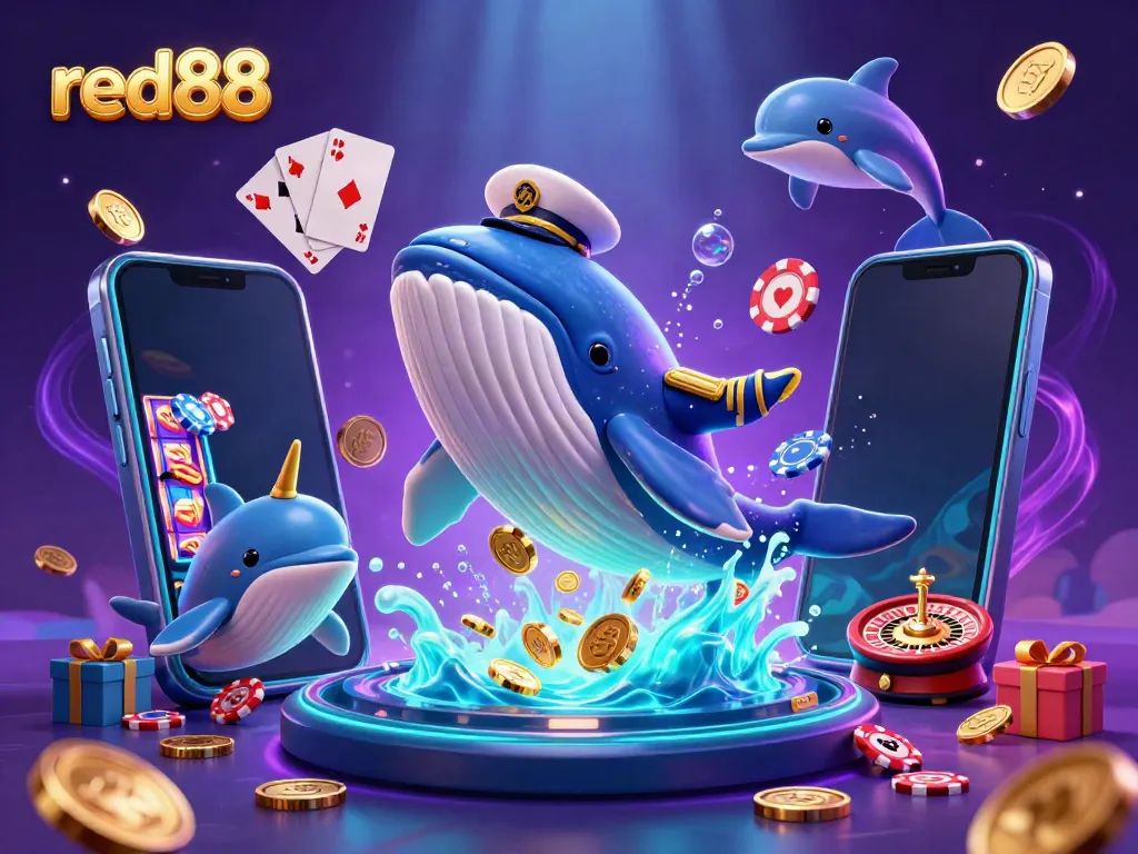 Experience thrilling wins and excitement at red88 with a vibrant underwater casino scene featuring playful characters and dynamic game elements.