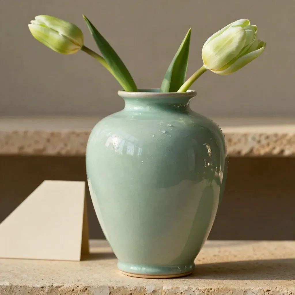 Mintgroene keramieken vaas met tulp en knopjes op travertin, close-up met glanzende rand