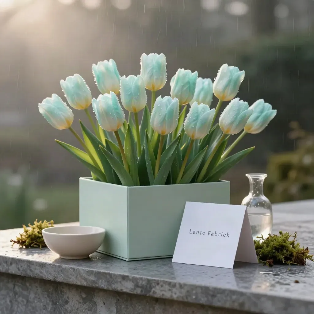 Mintgroene voorjaarbox met tulpen, schaal, kaartje en glasvaas op natte steen in zacht licht.