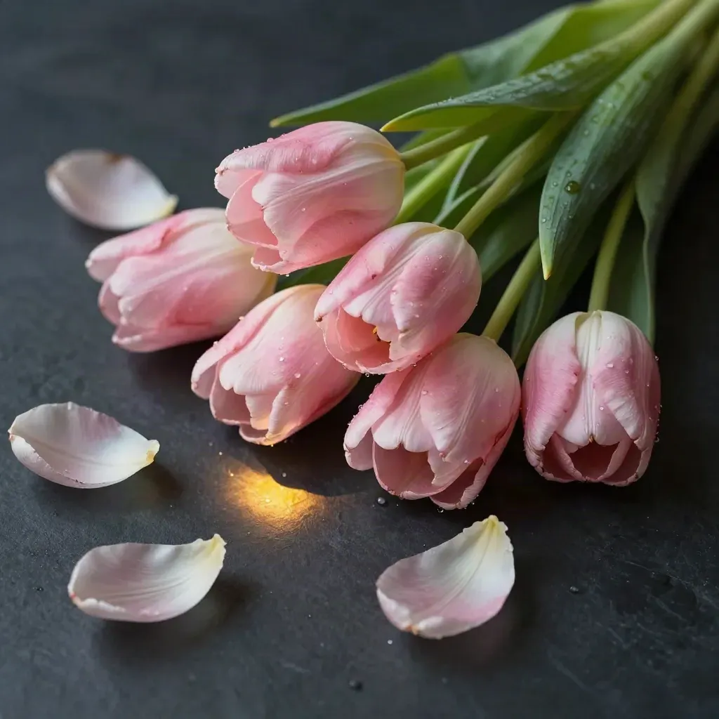 Bovenaanzicht van een bos roze tulpen op donker leisteen met geel accent en waterdruppels