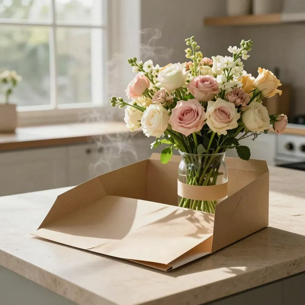 Open bloemenbox met boeket in vaas, wikkelpapier en zachte rozenkleuren op een stenen keukenblad.