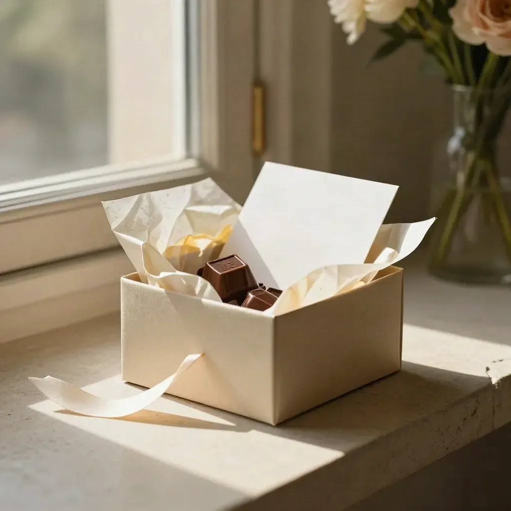 Open cadeaubox met tissue, chocolade en kaart op een lichte stenen vensterbank