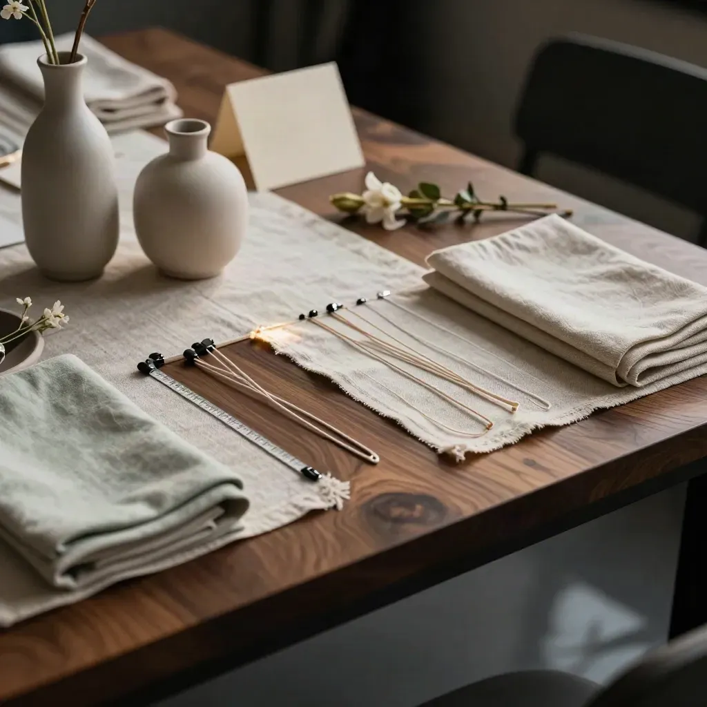 Workshoptafel met linnen runners, vaasjes en bloemstelen in dramatisch studiolicht