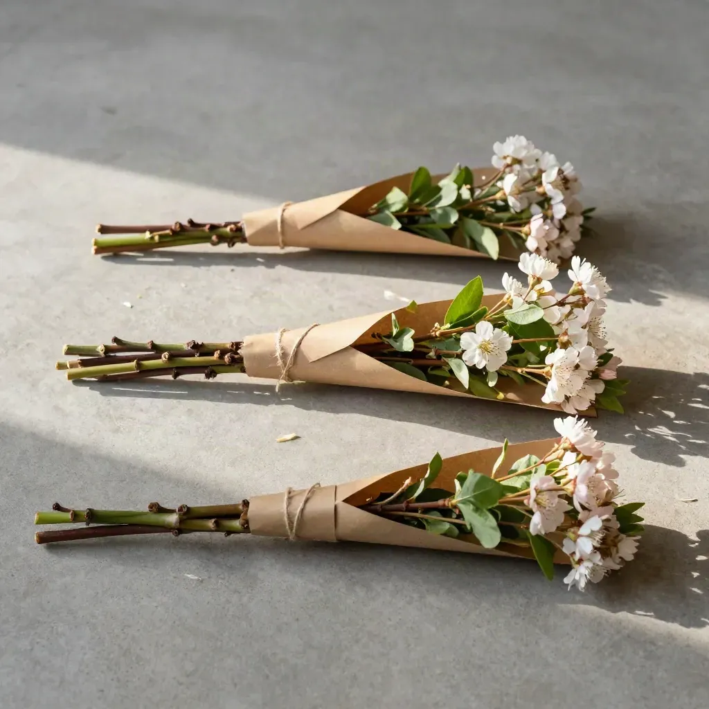 Drie bloemenbundels in kraft sleeves op beton, met zachte bloesems en waterdruppels.