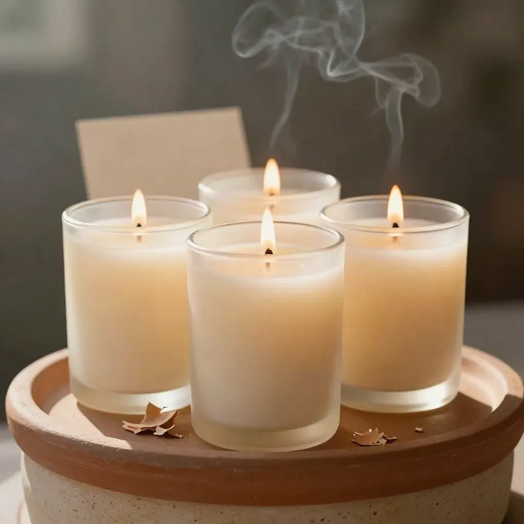 Drie frosted glazen spring candles met kaarsvet en een kleine schaal