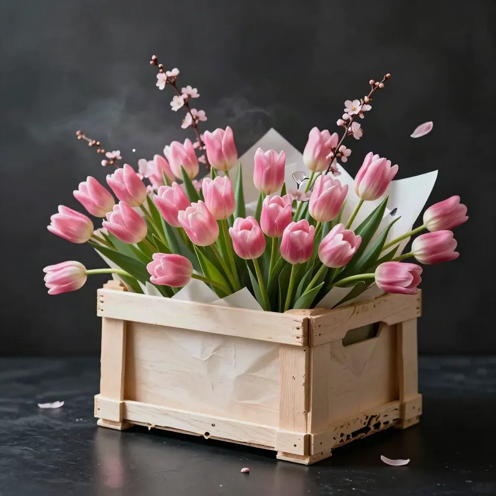 Etalagepakket met tulpen, bloesemtakken en glaswerk dat uit een zwarte krat spat