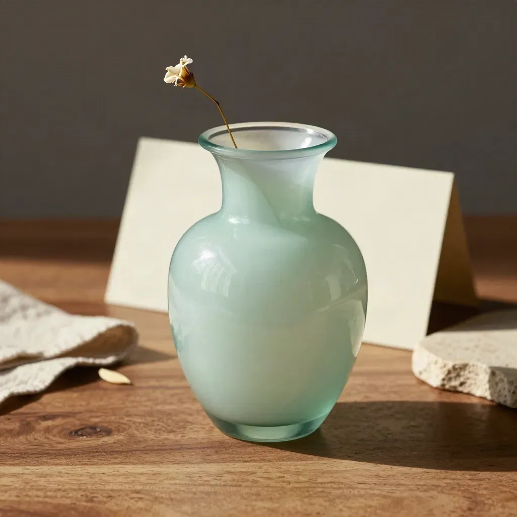 Mintgroene glazen vaas met bloesemtak op warme steen, zacht studio licht