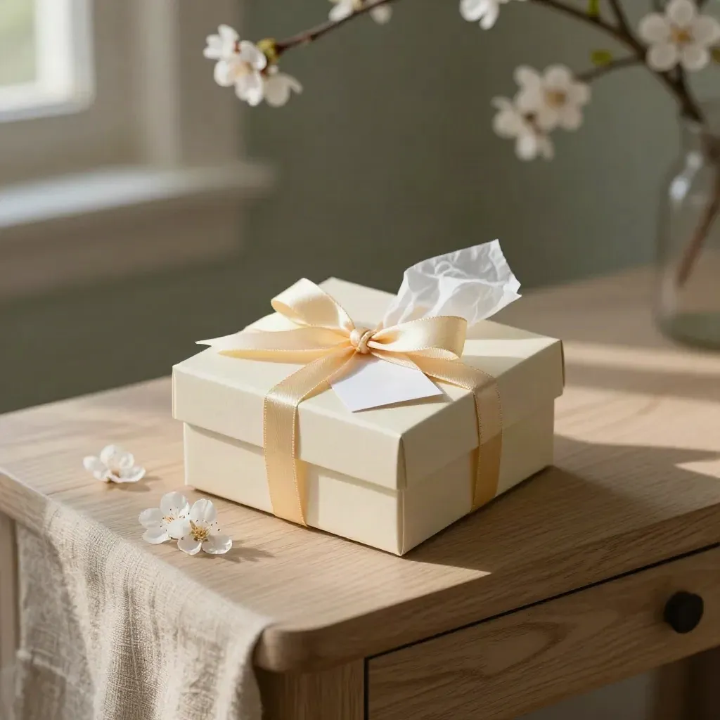 Mini giftbox met strik, kaartje en bloesemtak op een lichte houten console.