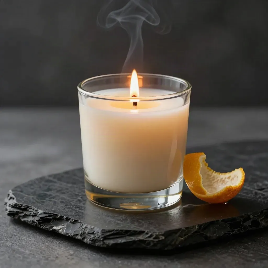 Geurkaars van sojawas in glas op donker steen met citrusschil en warme gloed.