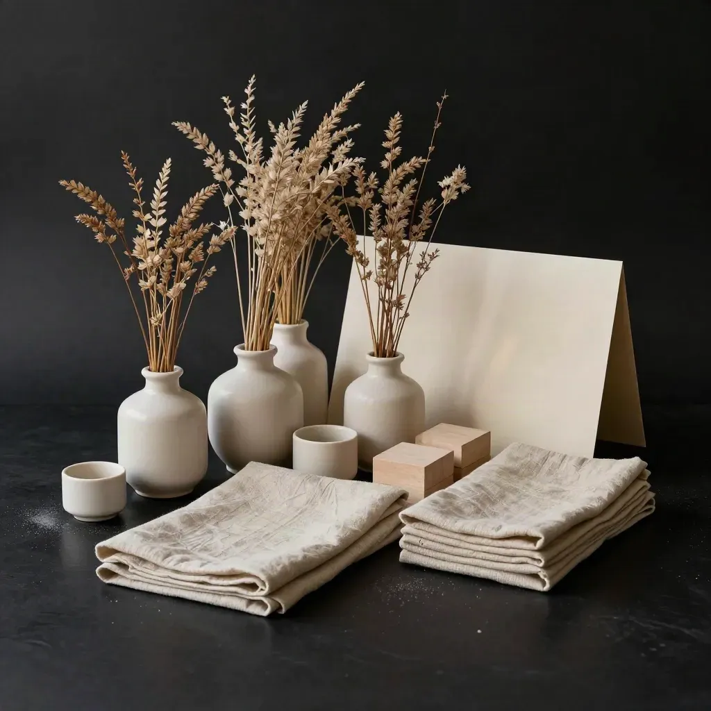 Workshop basics-kit met keramische houders, linnen en displayblokken op donkere ondergrond
