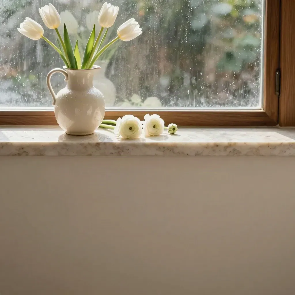 Zonnige serre met marmeren vensterbank, vaas en bloemstelen in zacht ochtendlicht.