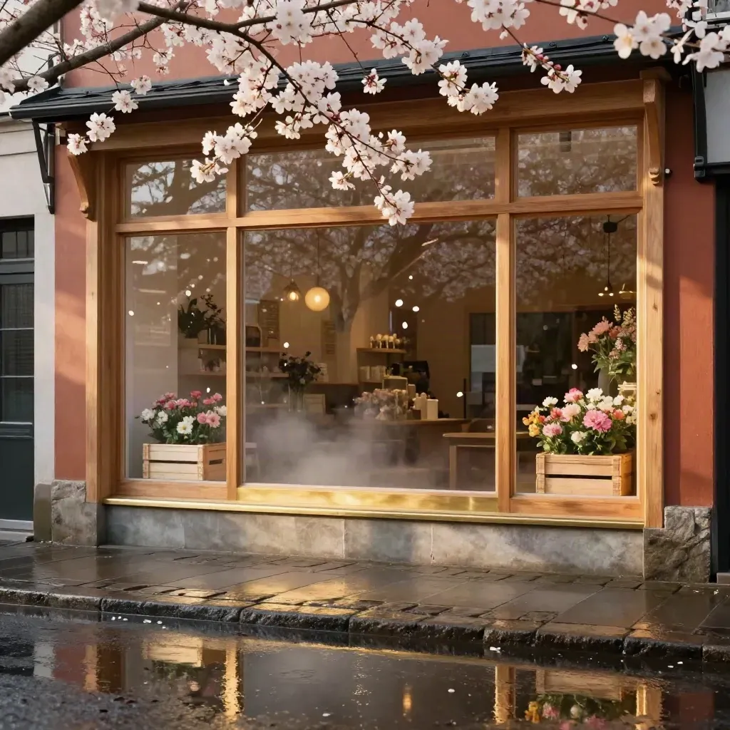 Spiegeling van een bloemenwinkel in nat straatsteen met bloesemtakken erboven.