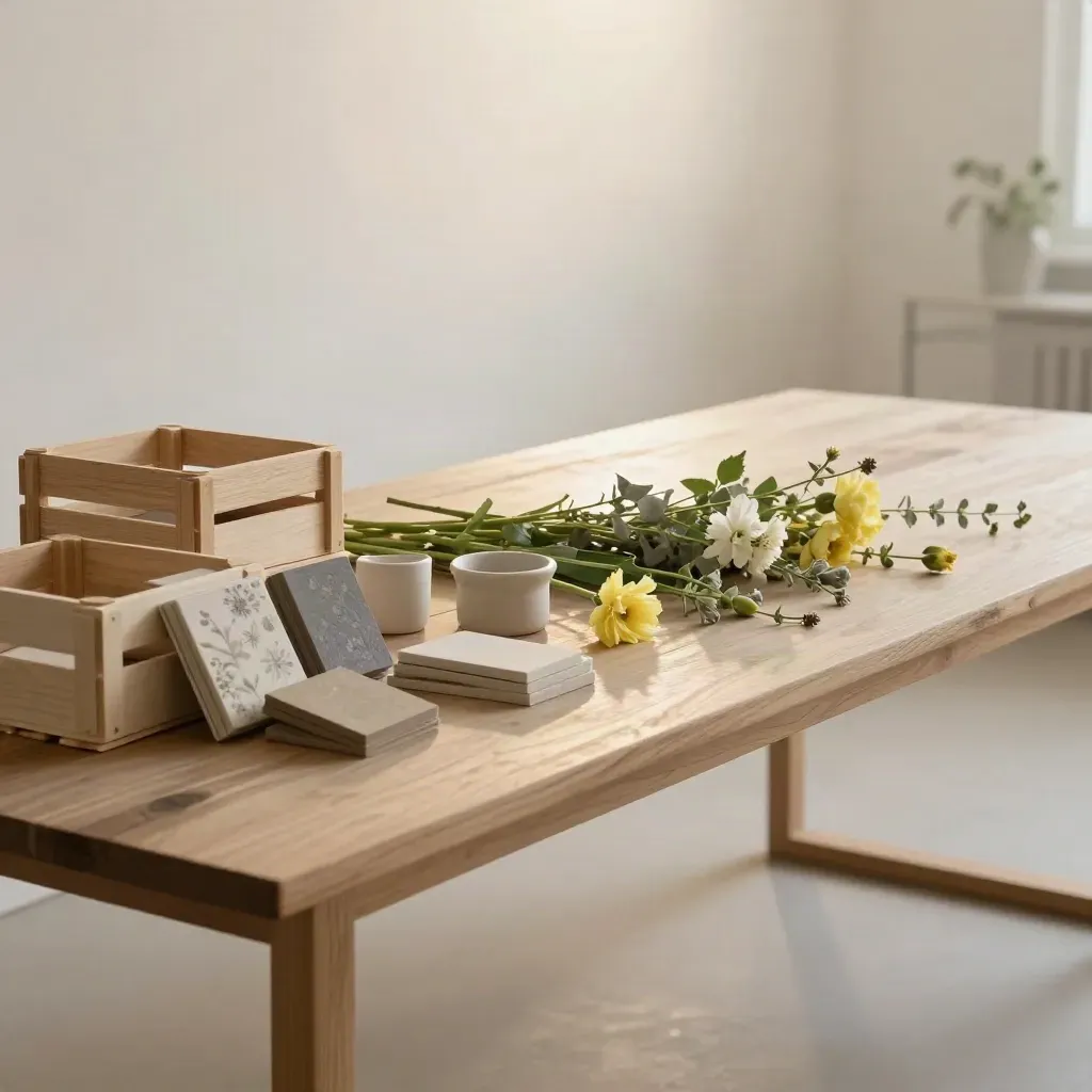 Werktafel met kratten, keramiek en bloemenstelen in zacht ochtendlicht