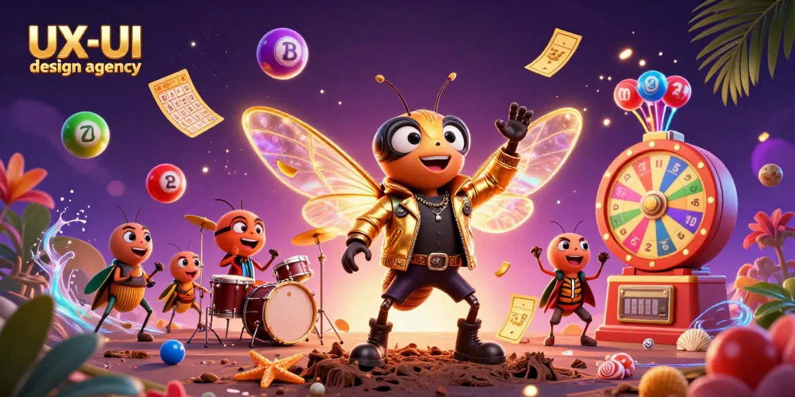 Engaging scene showcasing a vibrant UX/UI design agency featuring lottery elements and animated characters.