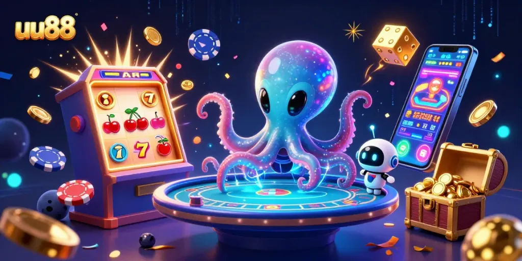 Engage in thrilling gambling with the animated uu88 octopus and robot duo at a holographic poker table.