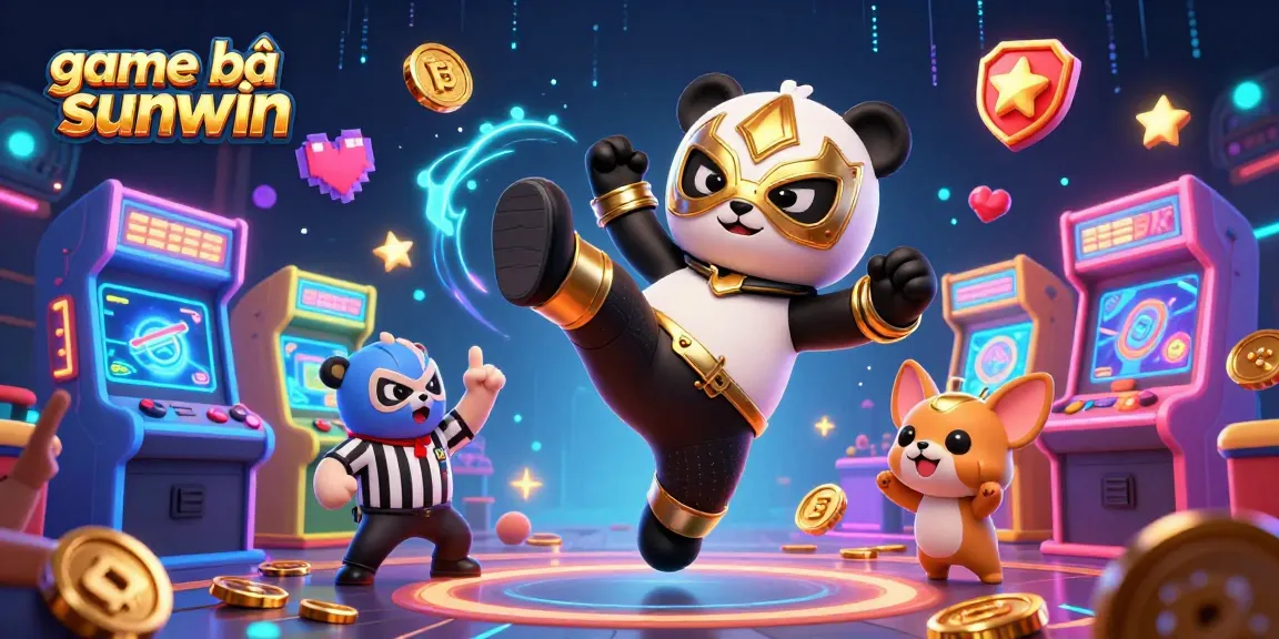 Experience game bài sunwin with a dynamic scene featuring a flying panda, a counting chihuahua, and vibrant arcade elements.