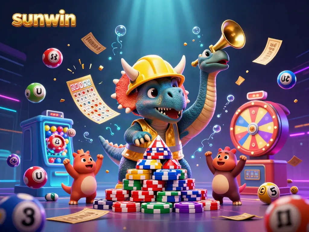 Celebrate with sunwin's exciting gaming experience in a vibrant 3D rendered casino scene.