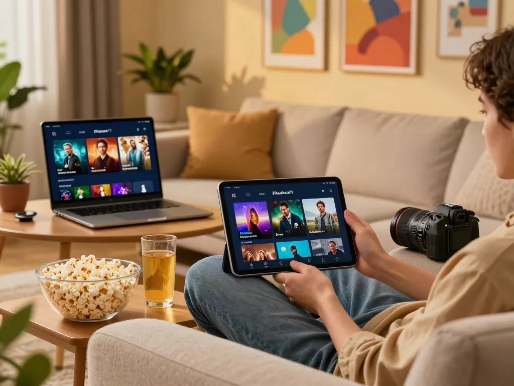 PikashowTV download - Enjoying streaming entertainment on tablet in cozy living room.
