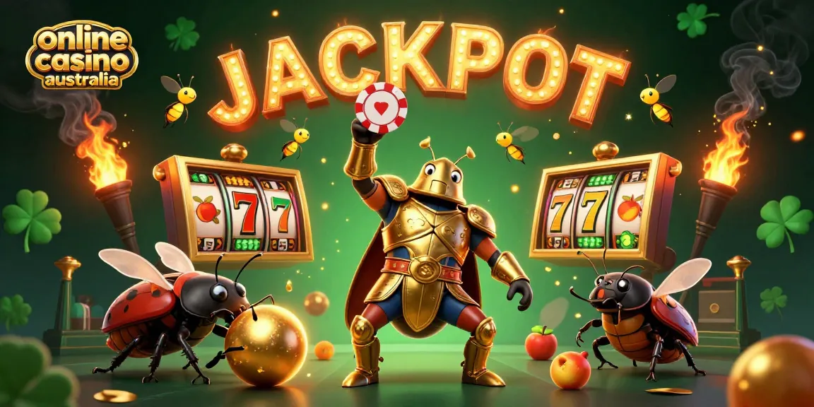 Engage with the vibrant jackpot scene in an online casino australia setting featuring 3D beetles celebrating wins amidst slot game elements.